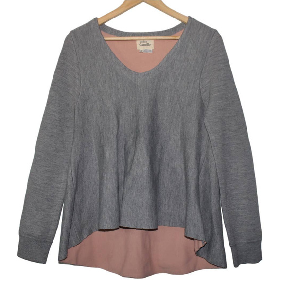 Womens Atelier Camille Gray Pink Pullover Long Sleeve V-Neck Sweater Size Medium - Picture 1 of 2